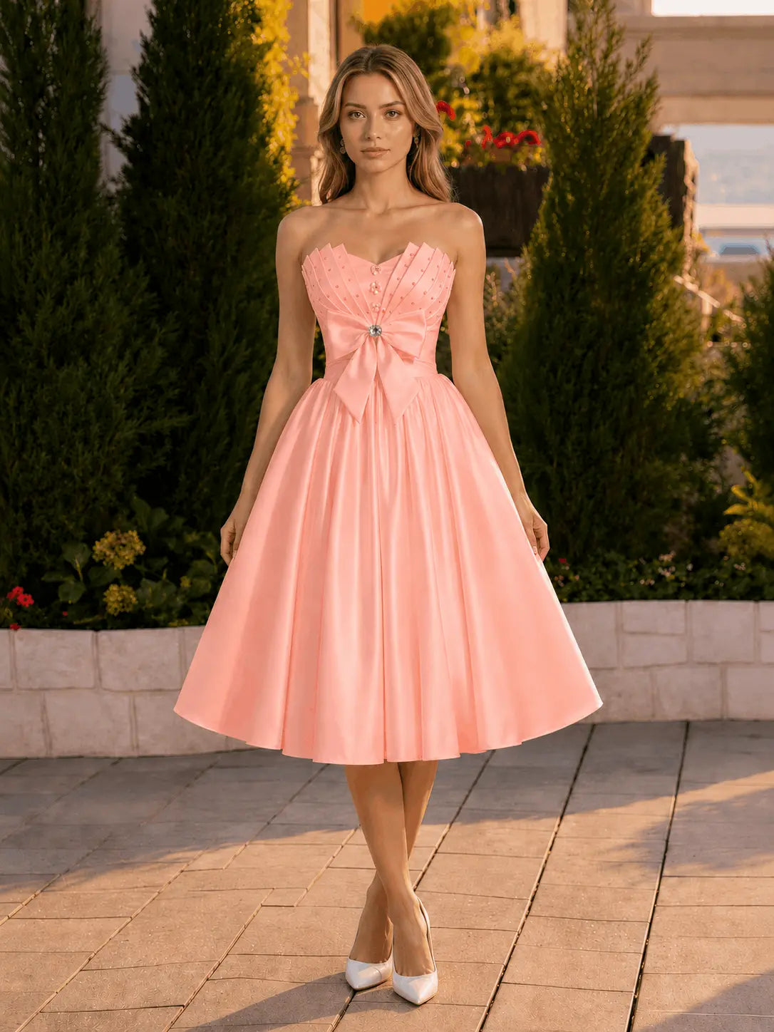 A-line Sweetheart Sleeveless Knee-Length Satin Homecoming Dress with Bow KAIDRESS