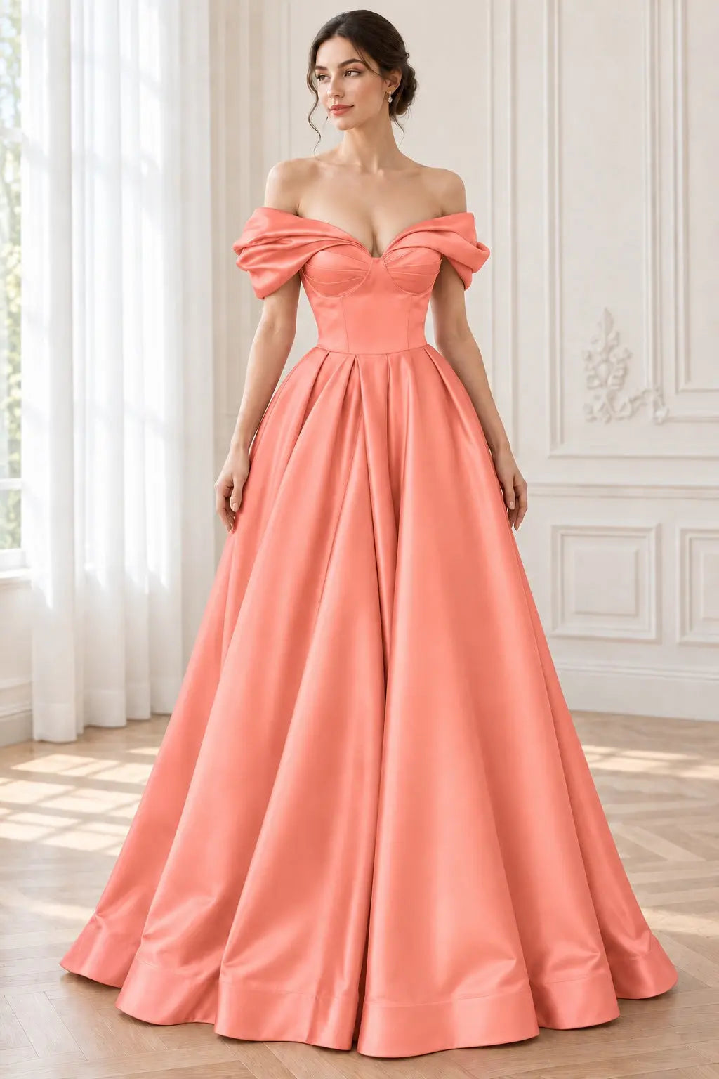 A-line Off-the-Shoulder Short Sleeve Satin Long/Floor-Length Prom Dresses With Ruffles Split