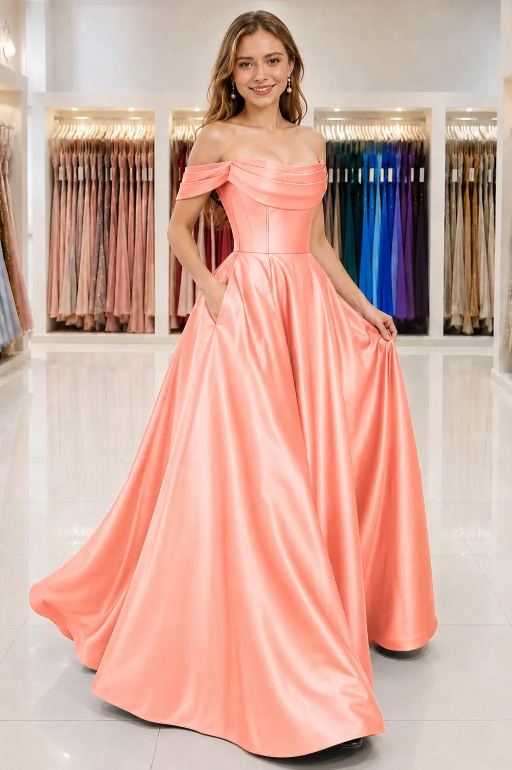 A-Line Satin Long Prom Dress, Simple Off the Shoulder Evening Party Dress With Pockets KAIDRESS