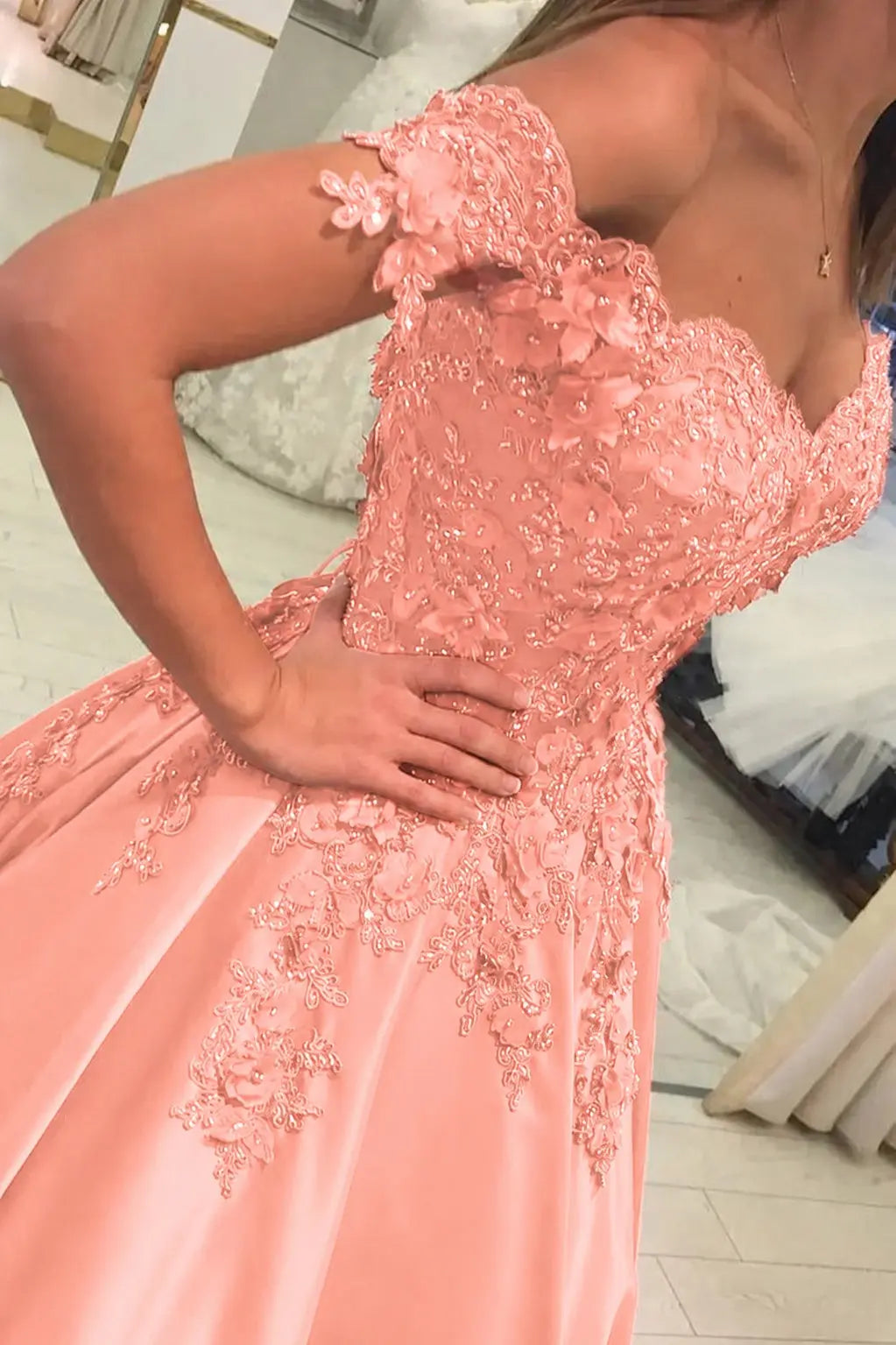 Appliqued Off-The-Shoulder Satin Princess Prom Dress With Beads