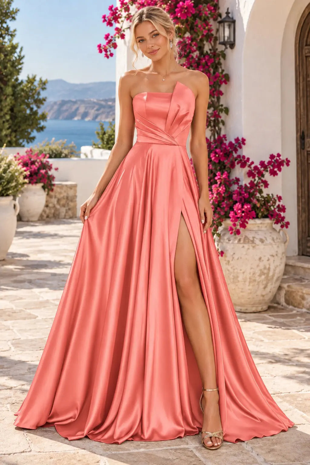 A-line Satin Formal Long Simple Sleeveless Prom Dresses with Slit