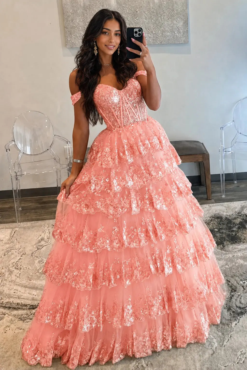 A-Line/Princess Princess Off the Shoulder Sequined Lace Prom Dress KAIDRESS