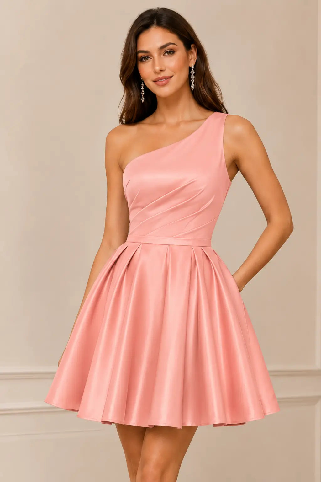 Green One Shoulder Satin Mini A Line Homecoming Dress With Pockets KAIDRESS