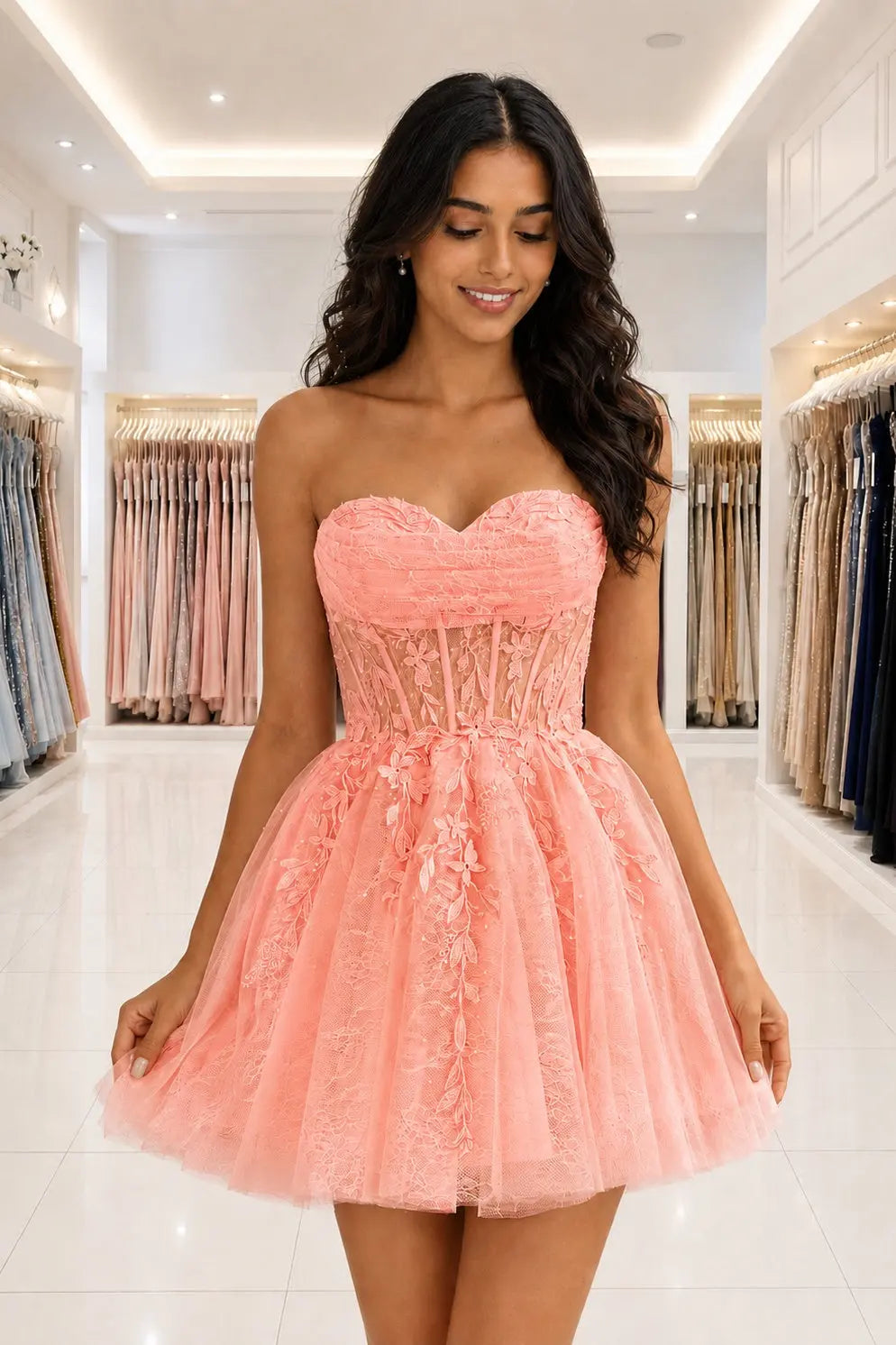 Strapless Beaded Lace Corset A-Line Mini Homecoming Dress KAIDRESS