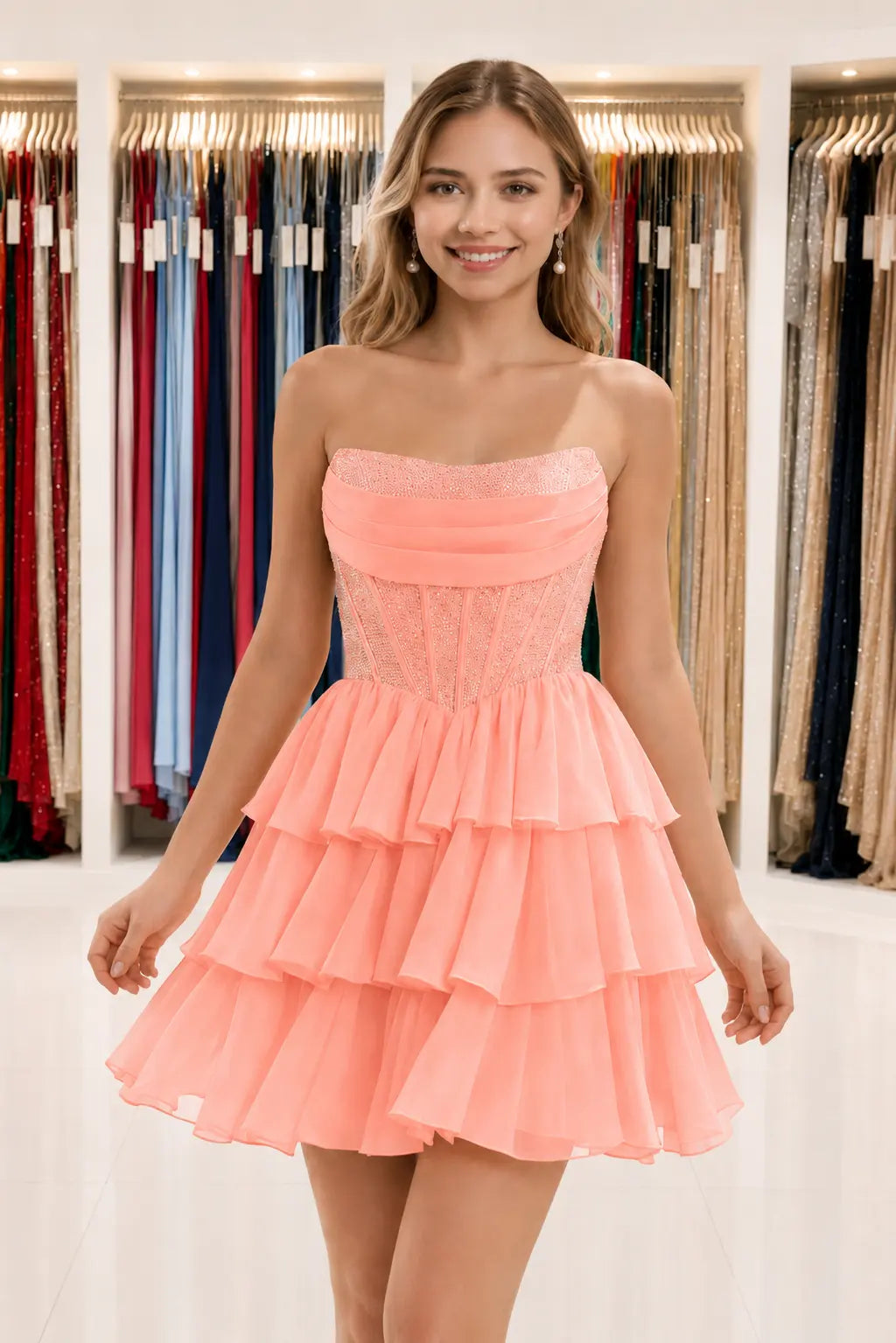 Daffodil Strapless Corset Tiered Ruffle Mini Homecoming Dress With Beading KAIDRESS