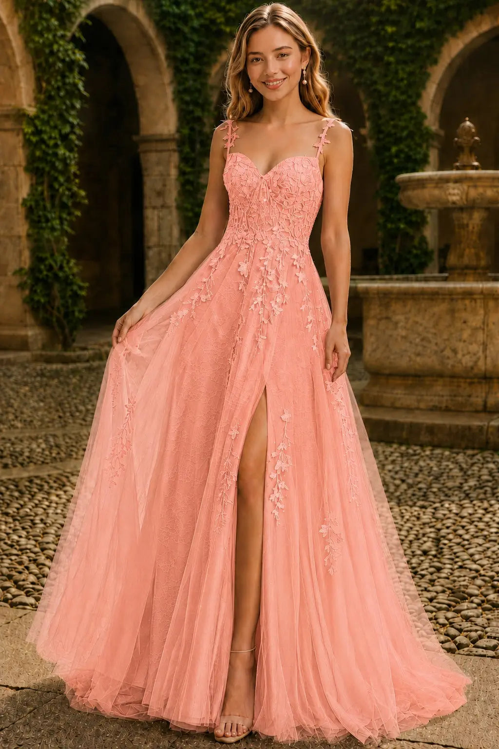 A-line V Neck Sweep Spaghetti Straps Train Tulle Prom Dress with Appliqued Beading