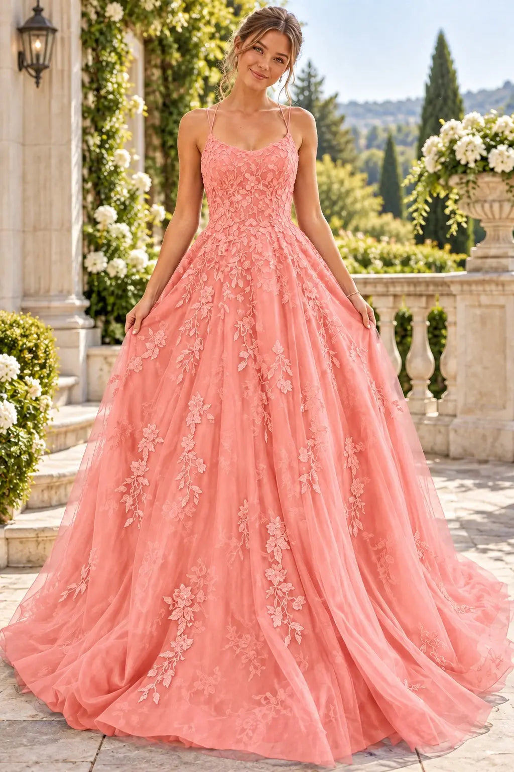 A-line Bateau Neckline Spaghetti Straps Long/Sweep Train Tulle Lace Prom Dresses