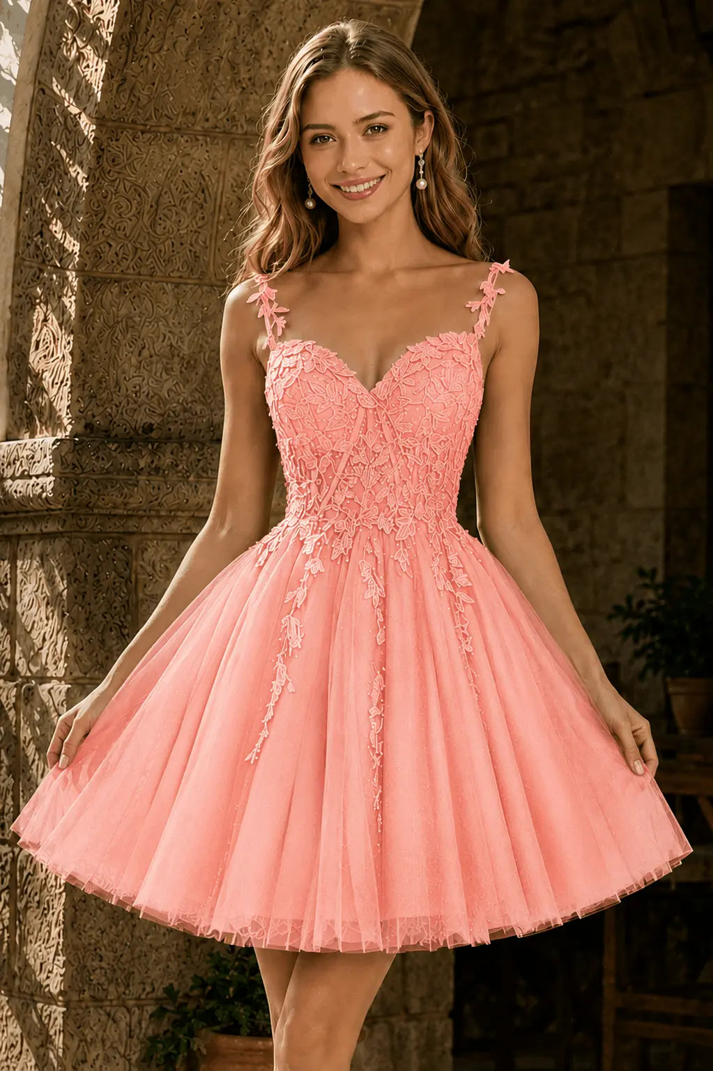 A-line V Neck Short/Mini Tulle Lace Homecoming Dress