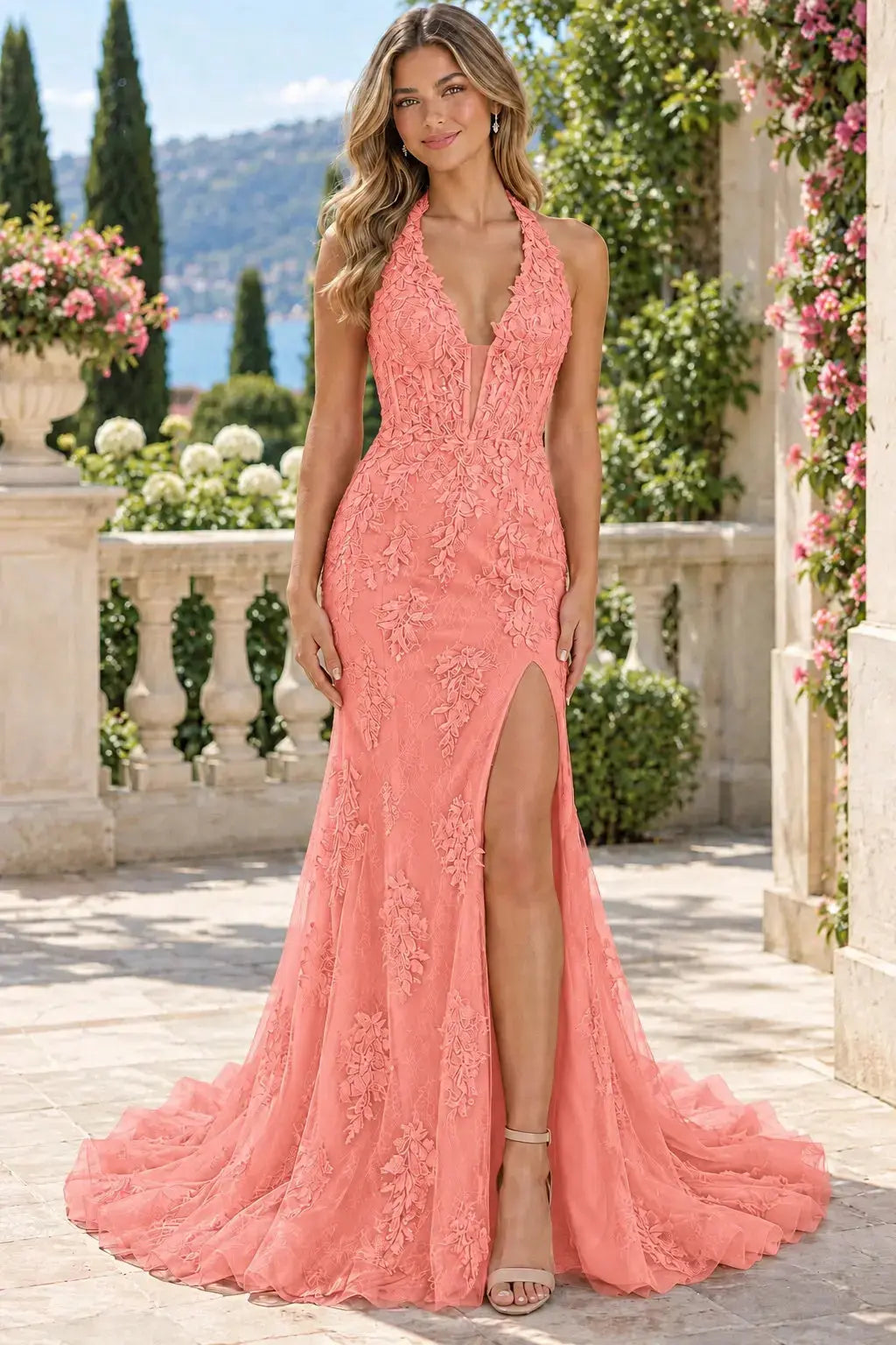 Trumpet/Mermaid V-Neck Tulle Lace Sleeveless Long Prom Dress KAIDRESS