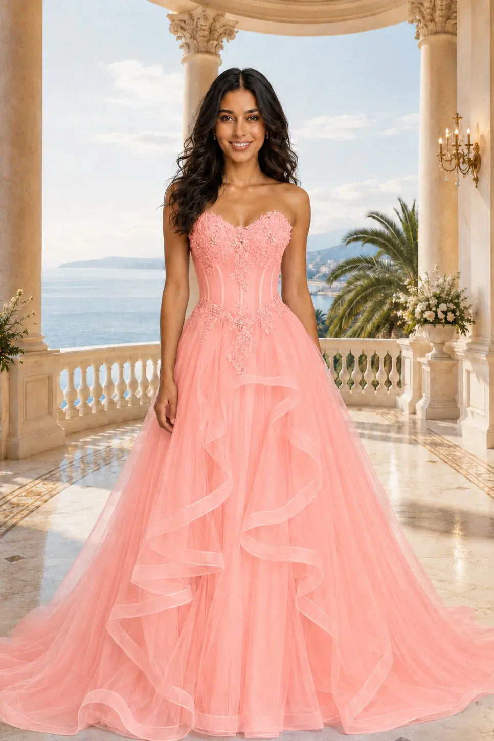 A-line/Princess Sweetheart Sleeveless Sweep Train Tulle Prom Dresses With Beading Appliqued KAIDRESS