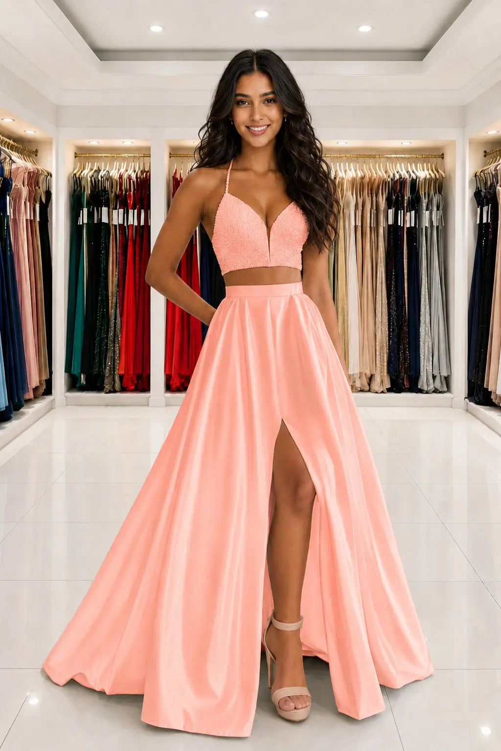 Satin Two Piece Long Modest White Prom Dress Split Formal Evening Gowns Kaidress