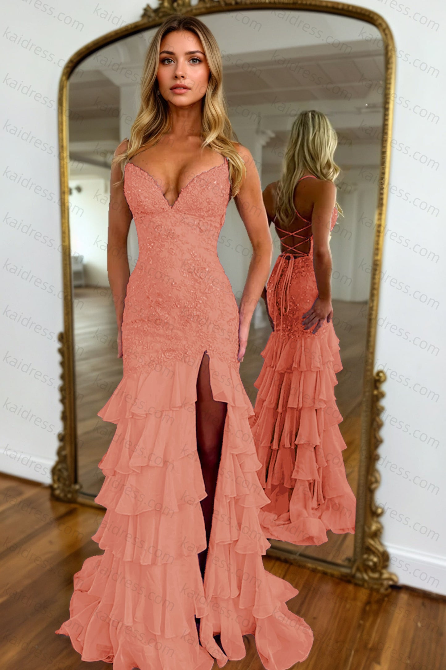 Mermaid Sparkly Lilac Lace Appliques Sheath Tiered Long Chiffon Prom Dress with Slit