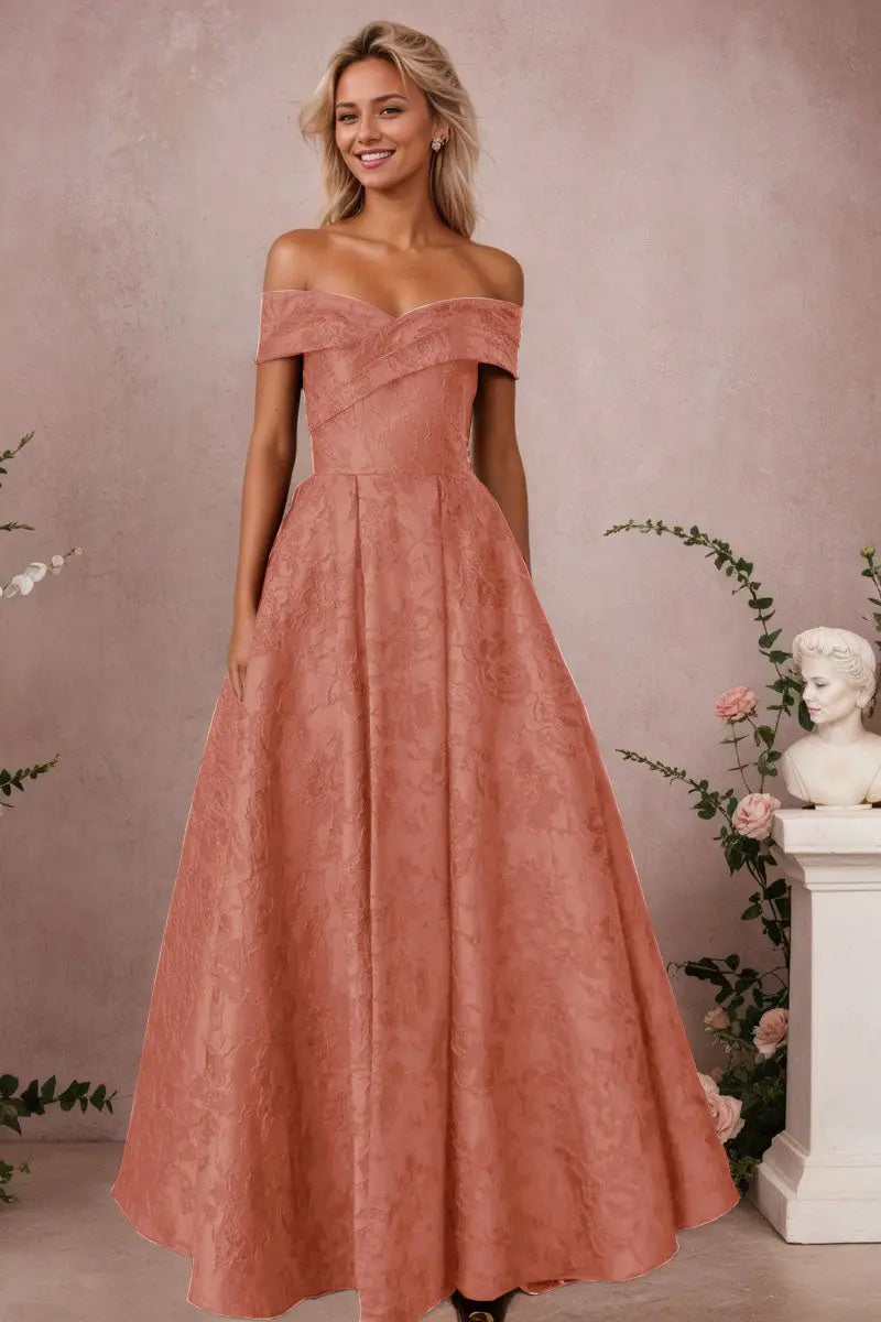 A-Line Off Shoulder Satin Burgundy Long Prom Dress Floral Jacquard Formal Ball Gowns - KAIDRESS