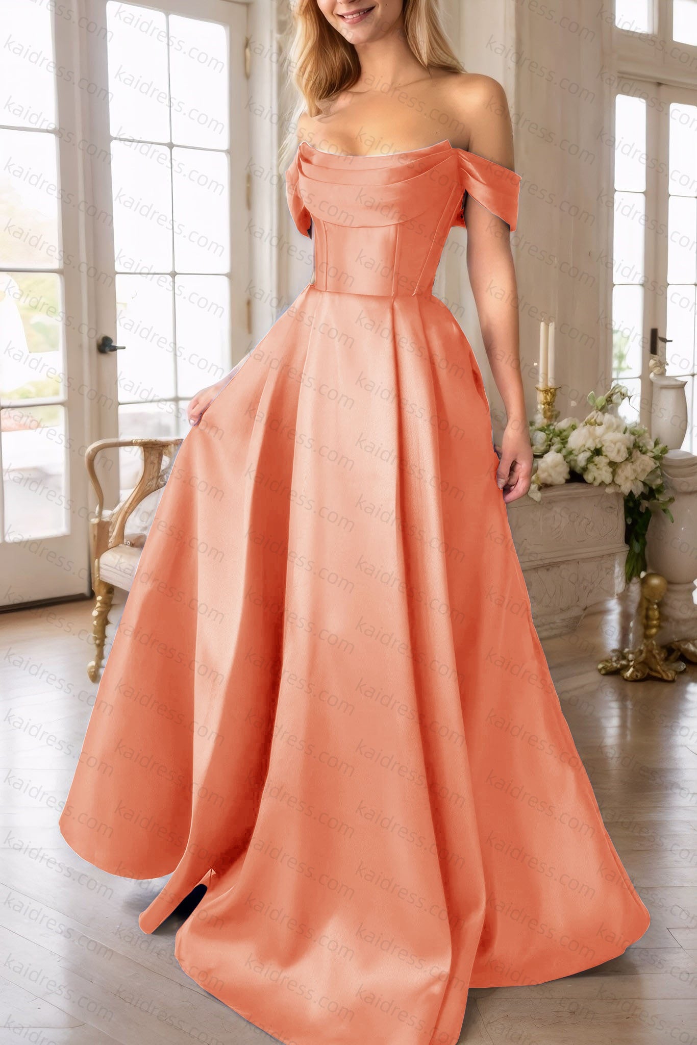 A-Line Satin Long Prom Dress, Simple Off the Shoulder Evening Party Dress With Pockets