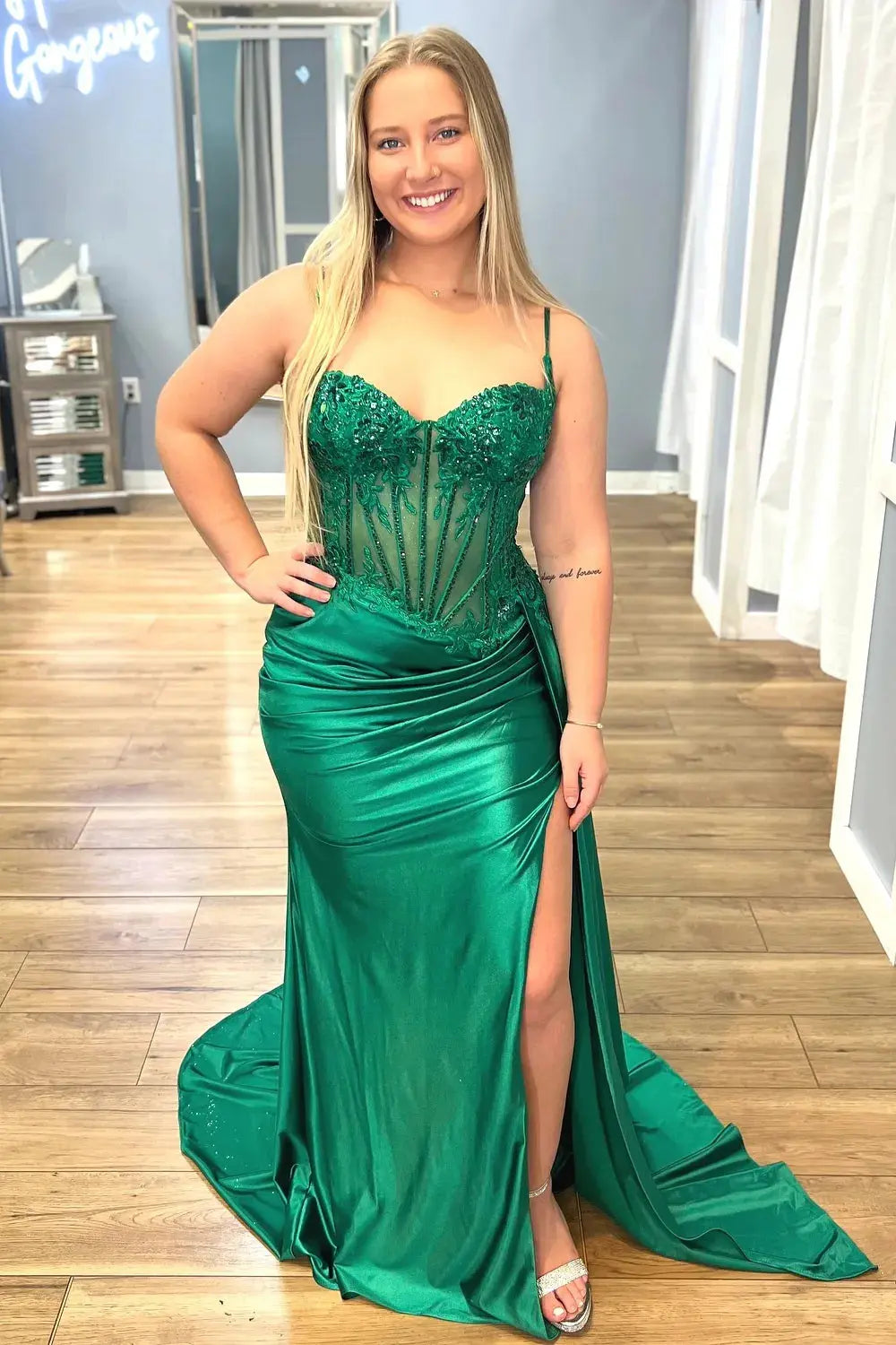 Corset Silk Split Halter Green Formal Prom Dresses Long Evening Gowns