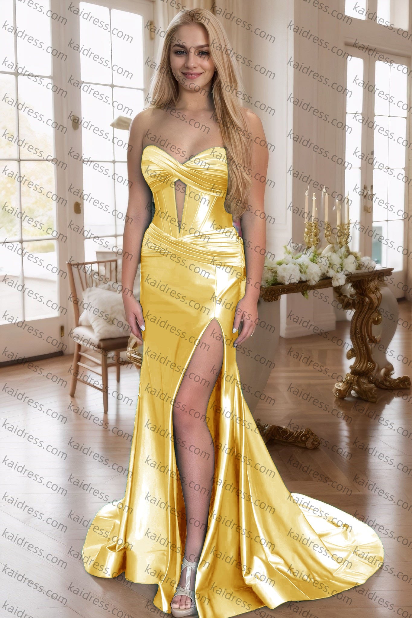 Green Silk Strapless Mermaid Prom Dresses Long Formal Evening Gown with Slit
