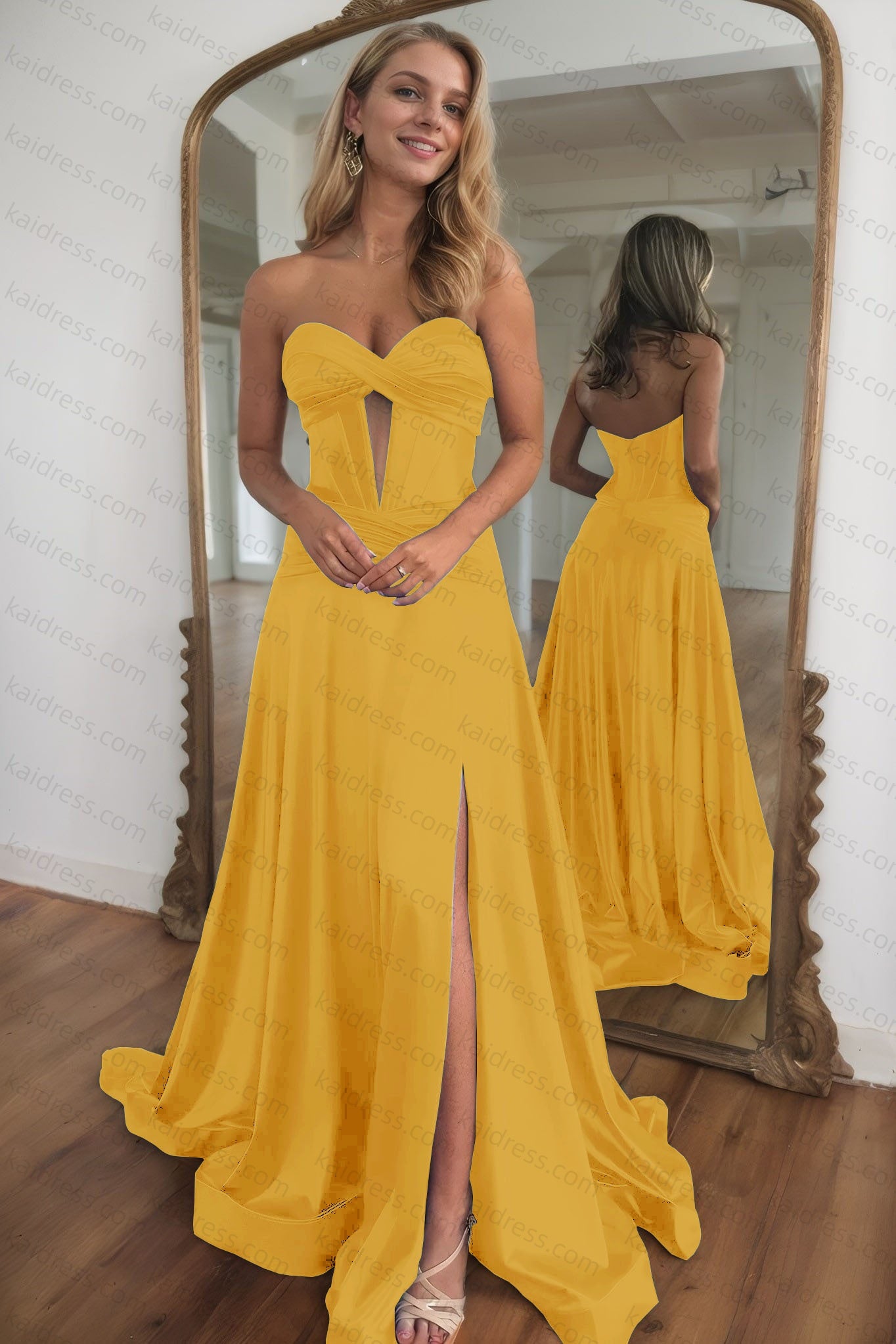 A-line Strapless Silk Long Blue Prom Dresses Elegant Evening Dress