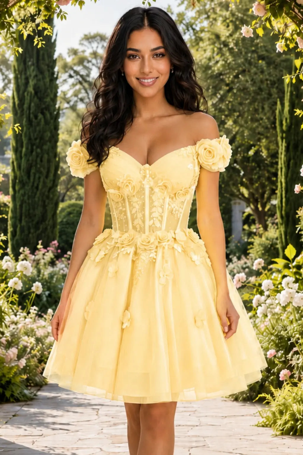 A-line Off-the-Shoulder Tulle Short/Mini Homecoming Dress with Appliqued Flowers Sequins KAIDRESS