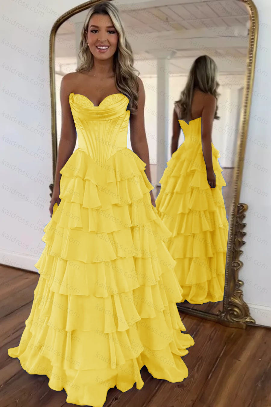 A Line Blue Sweetheart Chiffon Ruffled Long Corset Prom Dress with Slit