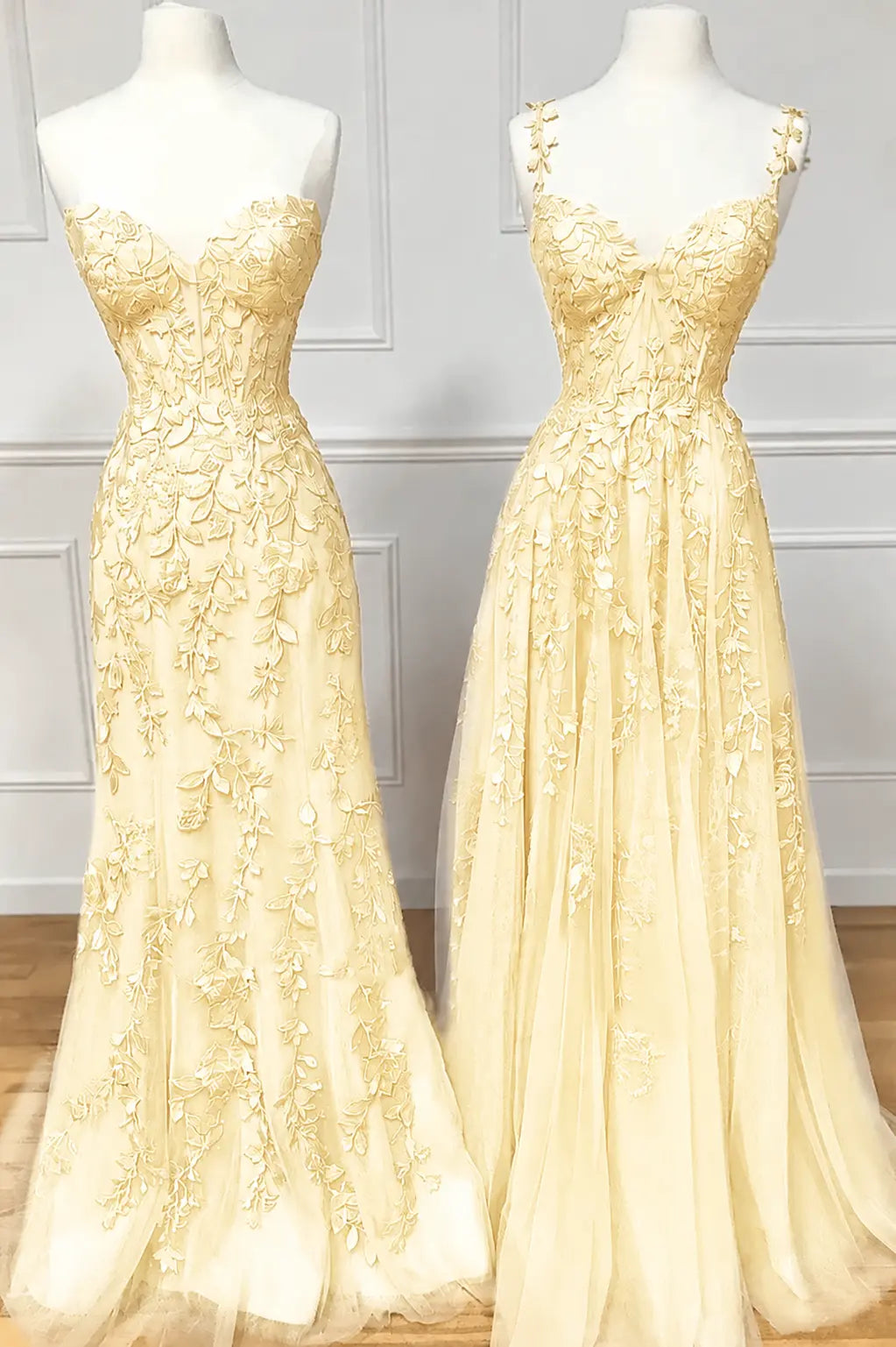 A-line Sweetheart Spaghetti Straps Sweep Train Lace Prom Dress With Beading Kaidress