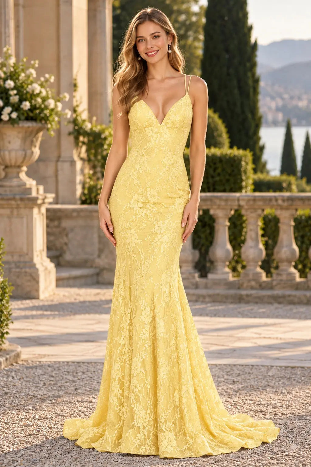 Mermaid V-neck Backless Sleeveless Lace Red Formal Prom Dresses Long Slit Evening Gowns