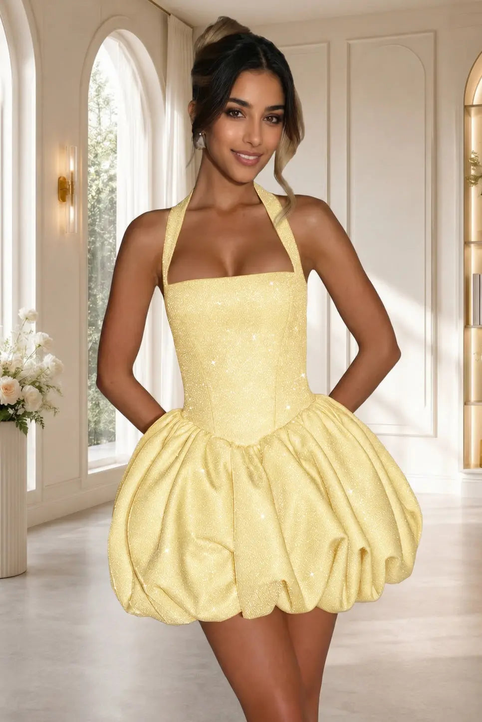 Silver Glitter Halter Corset Bubble-Hem Mini Homecoming Dress Backless KAIDRESS