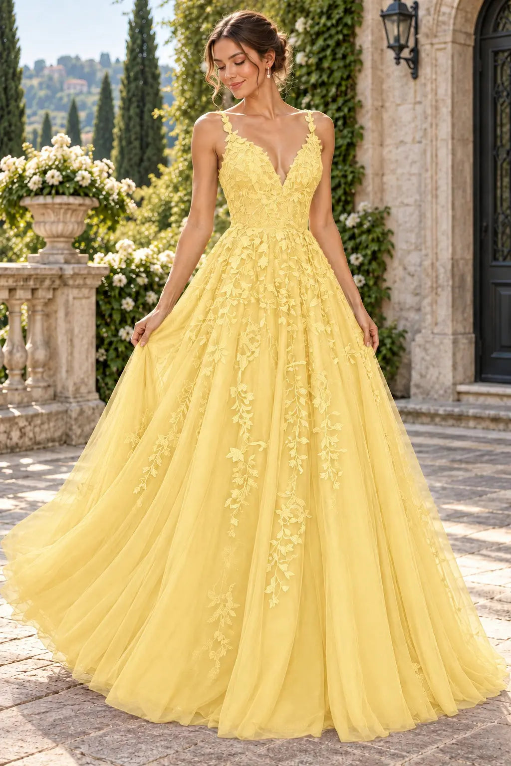 A-Line Lace Prom Dresses Long V Neck Sleeveless Formal Maxi Dress
