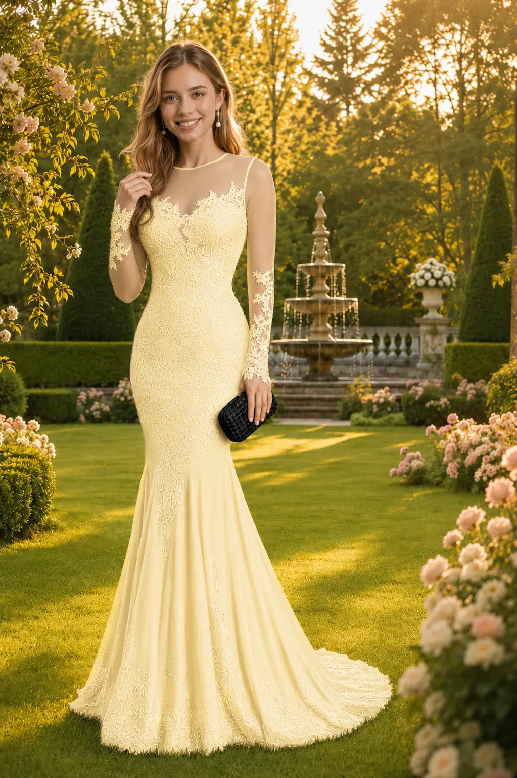 Trumpet/Mermaid Long Sleeves Sheer Neck Sweep/Brush Train Applique Prom Dresses KAIDRESS