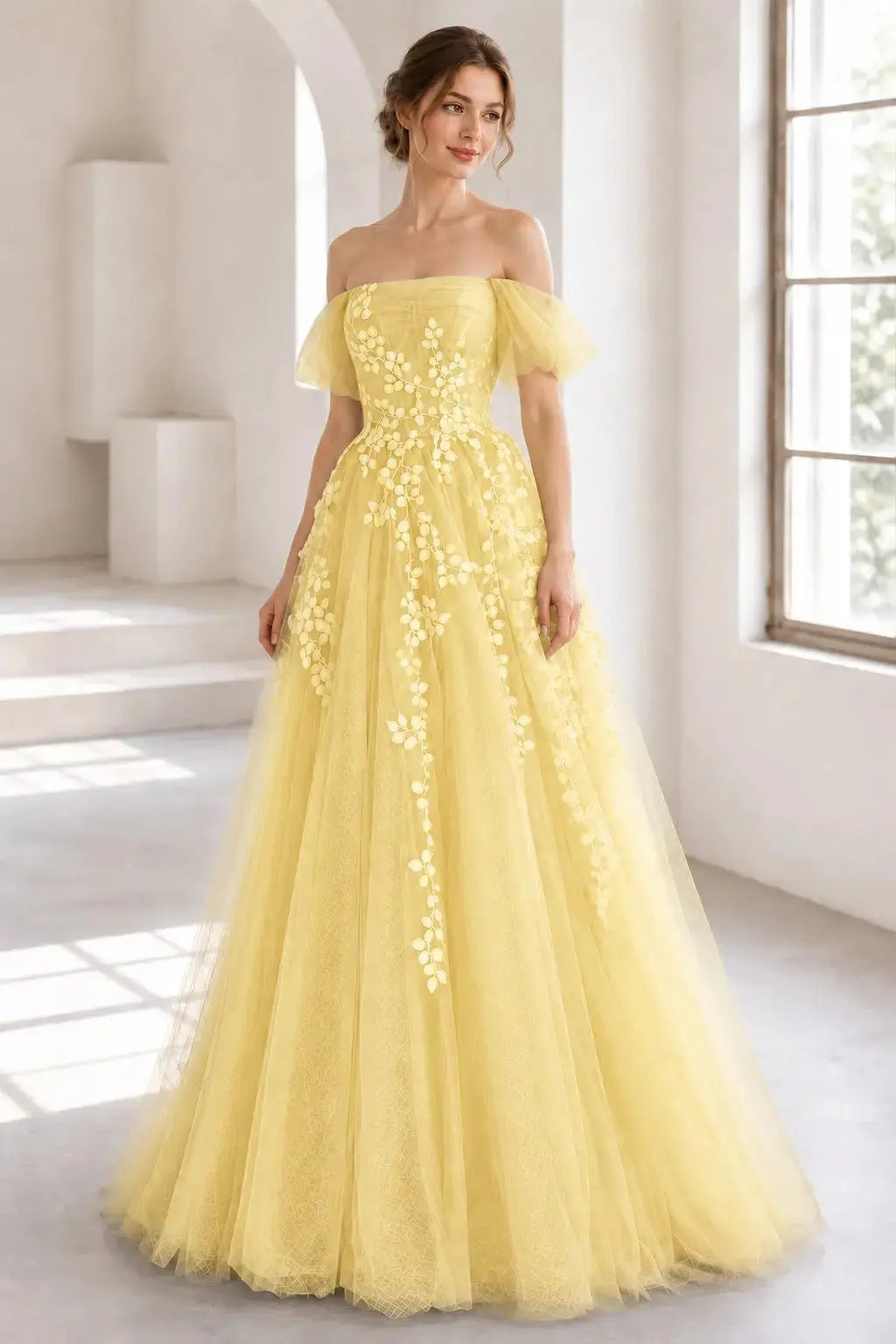 A-Line Tulle Lace Long Prom Dress Off the Shoulder Formal Evening Dress KAIDRESS