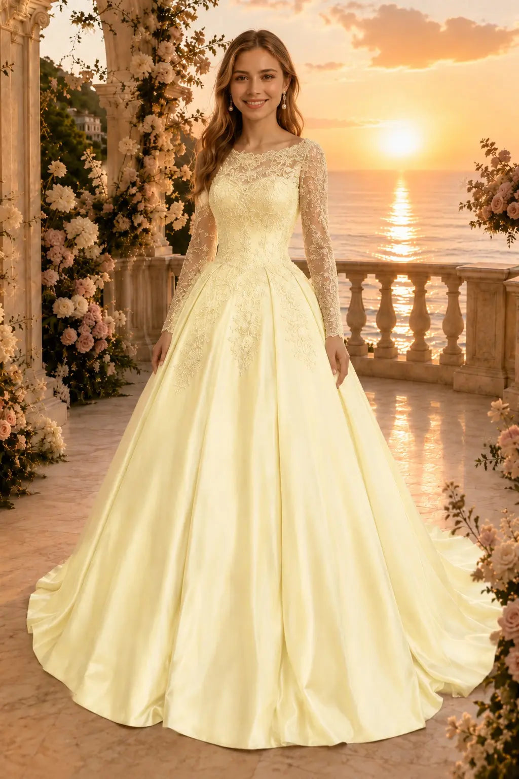 Ball Gown Long Sleeves Off-the-Shoulder Chapel Train Applique Satin Prom Dresses Kaidress