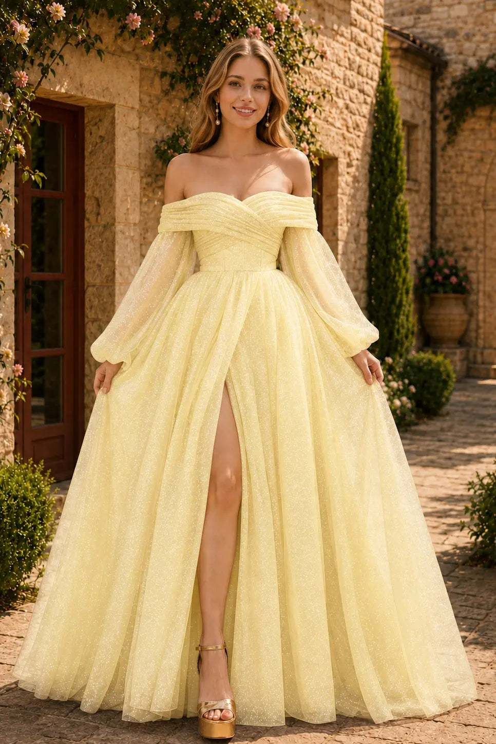 A-Line/Princess Tulle Ruched Long  Off-the-Shoulder Long Sleeves Prom Dresses Detachable Sleeves KAIDRESS