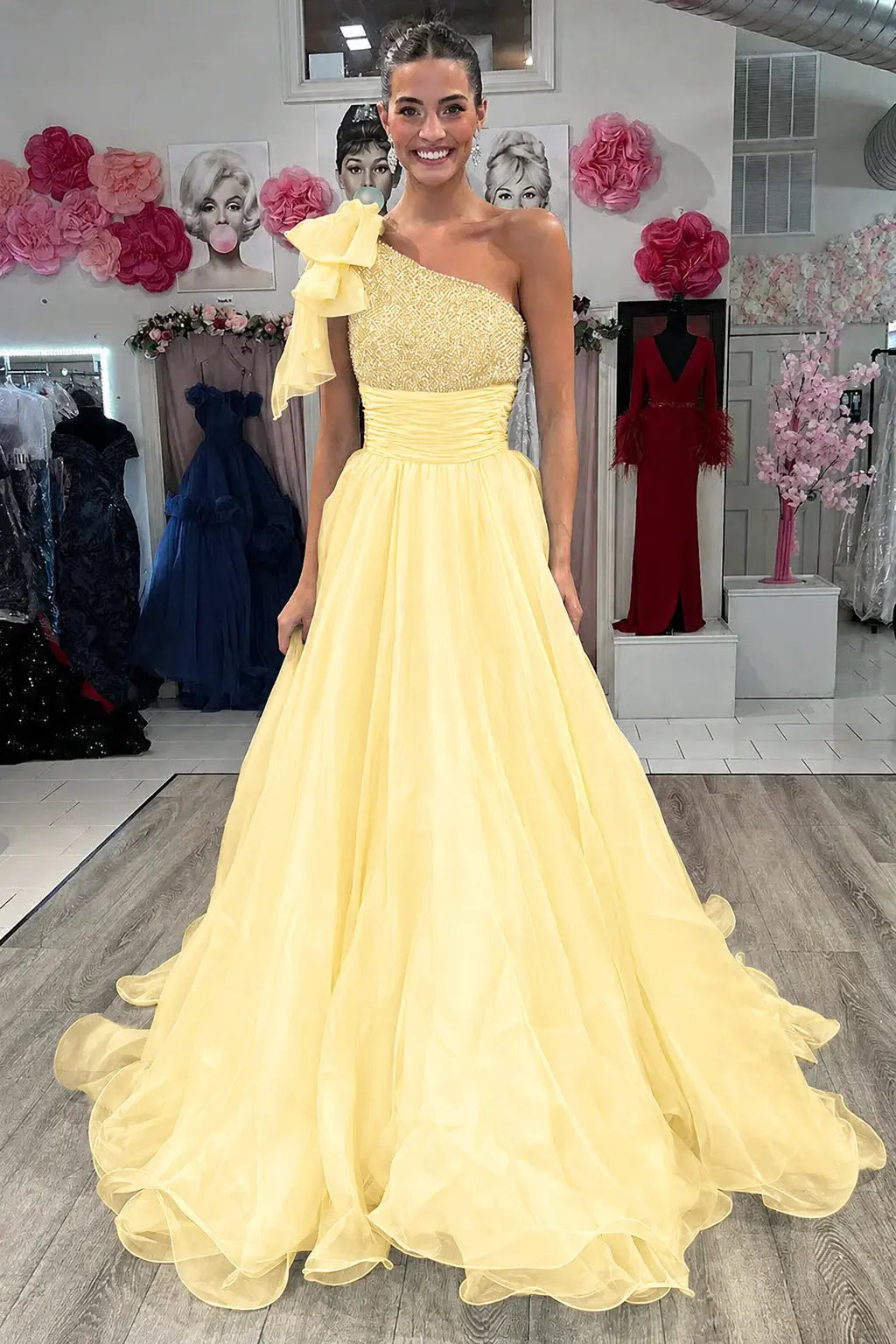 A Line Sparkly Sky Blue One Shoulder Long Prom Dress with Beading KAIDRESS