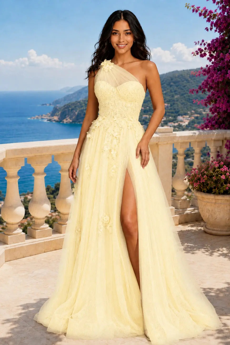 A-line One-Shoulder Sleeveless Long/Floor-Length Tulle Prom Dresses with Appliqued Split KAIDRESS