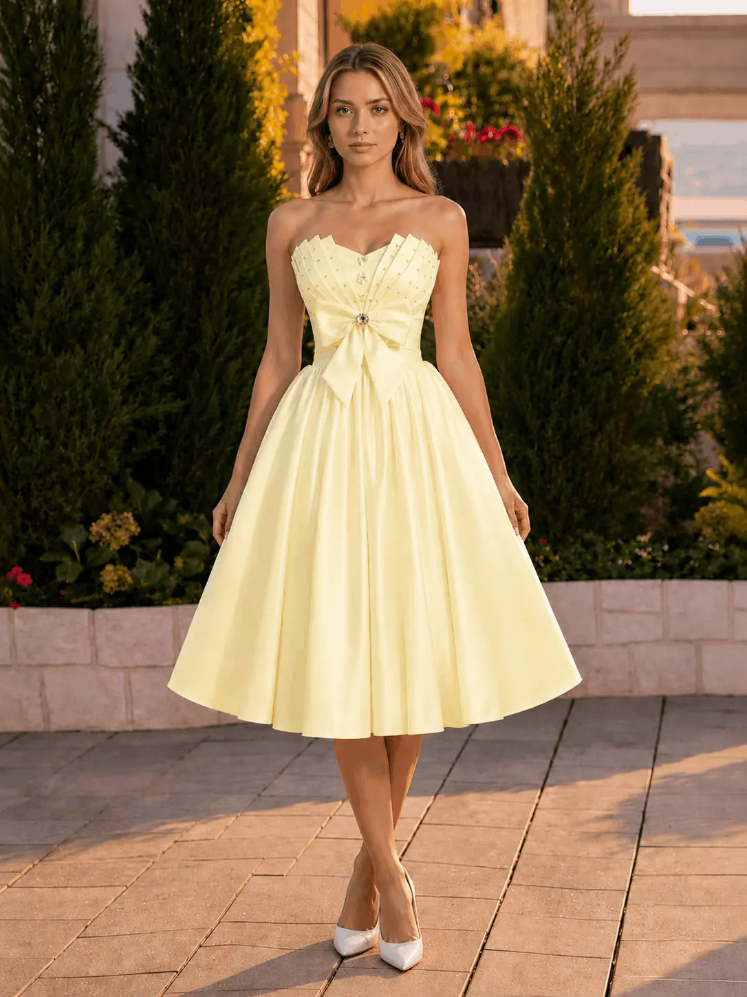 A-line Sweetheart Sleeveless Knee-Length Satin Homecoming Dress with Bow KAIDRESS