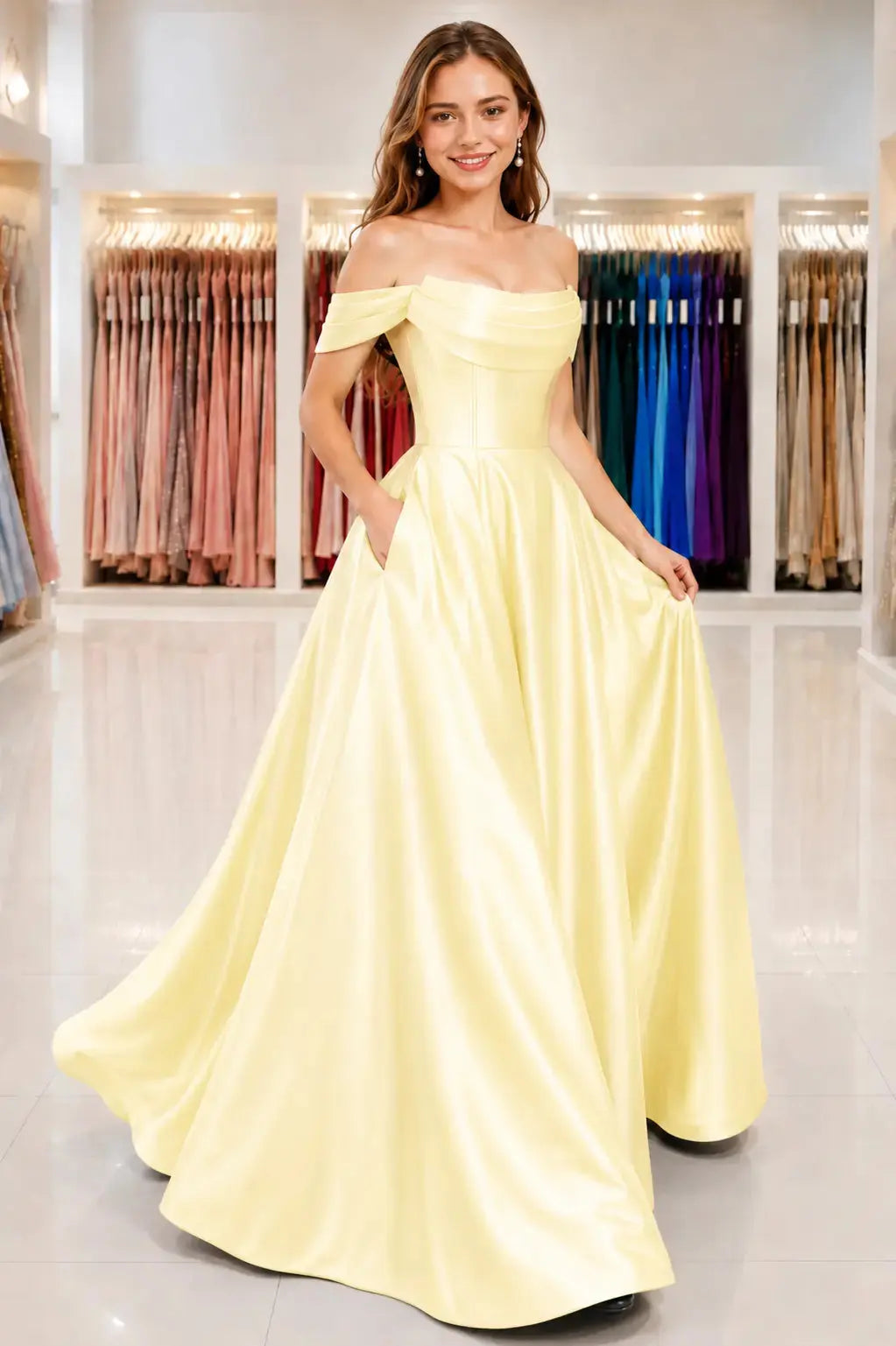 A-Line Satin Long Prom Dress, Simple Off the Shoulder Evening Party Dress With Pockets KAIDRESS