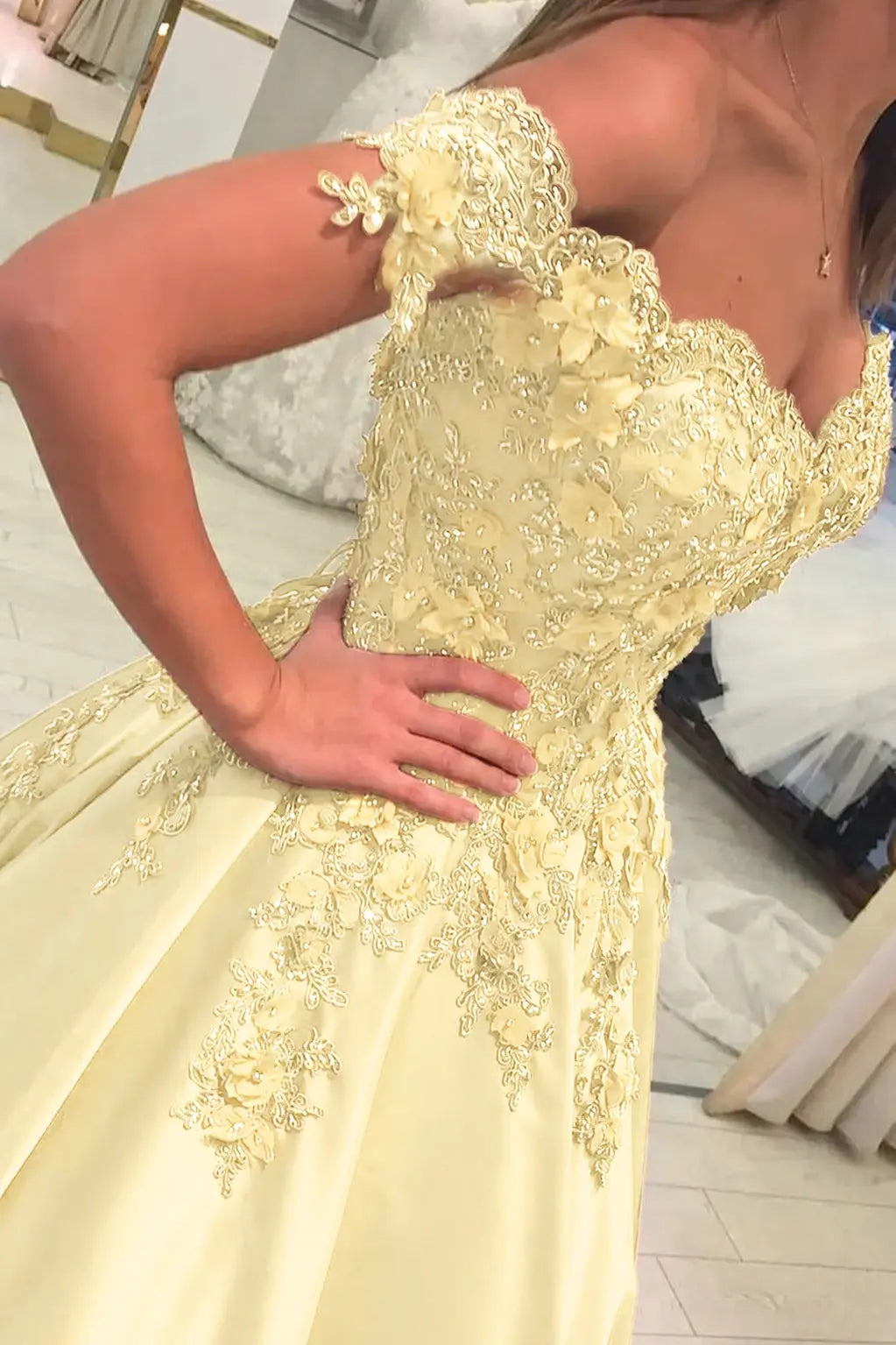 Appliqued Off-The-Shoulder Satin Princess Prom Dress With Beads