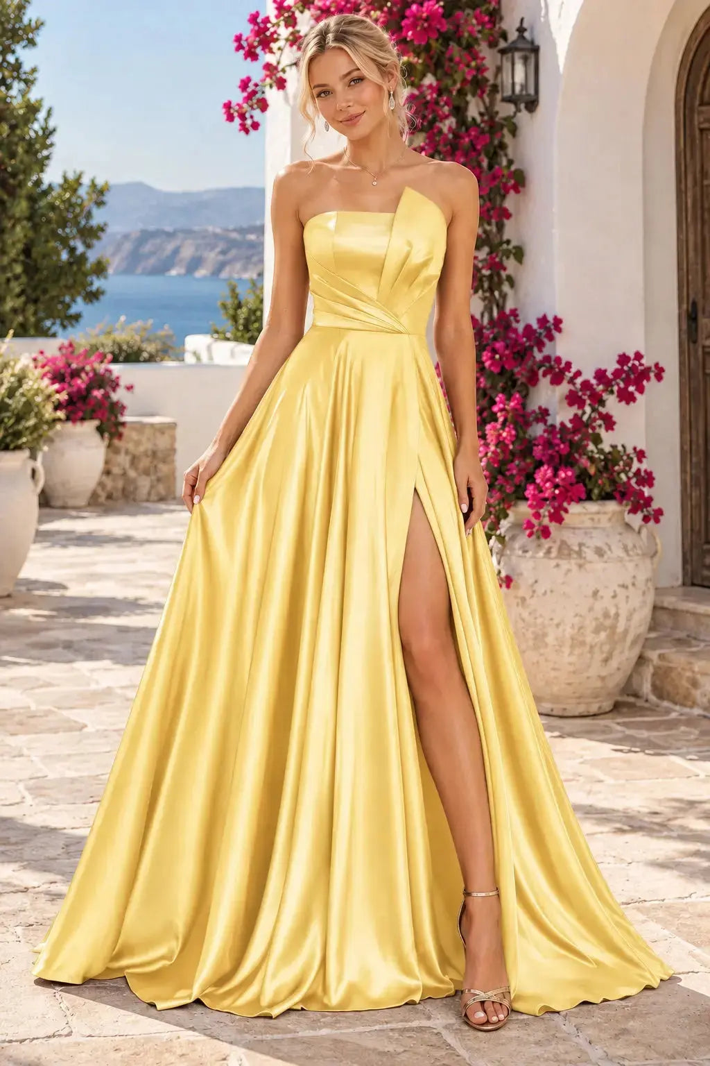 A-line Satin Formal Long Simple Sleeveless Prom Dresses with Slit KAIDRESS