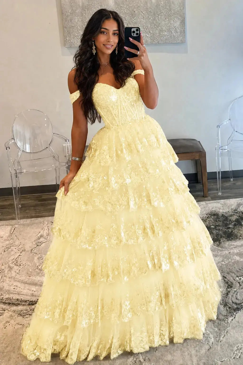 A-Line/Princess Princess Off the Shoulder Sequined Lace Prom Dress KAIDRESS