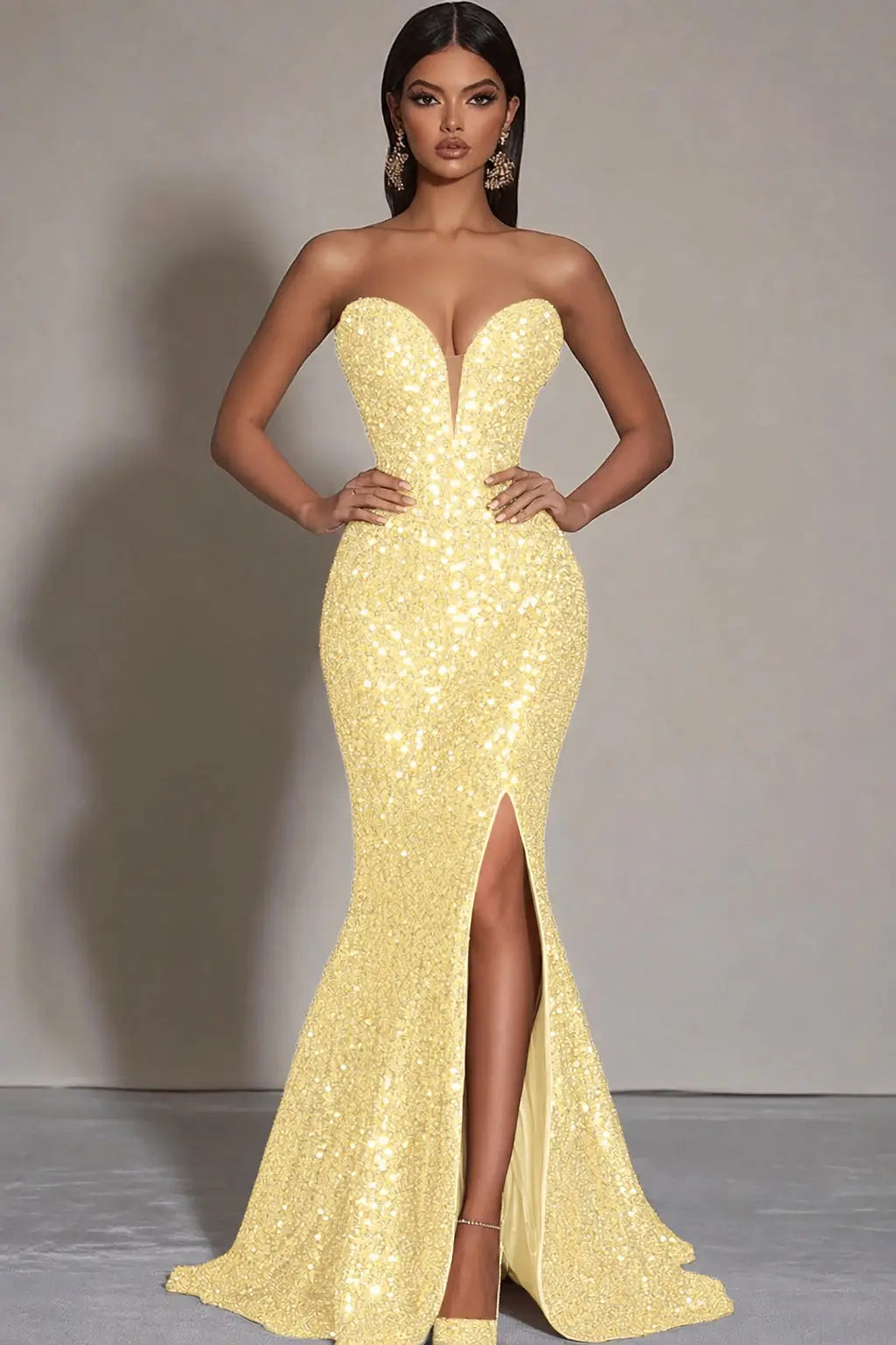 Sparkly Gold Sequins Mermaid Strapless Long Formal Dress with Slit Kaidress