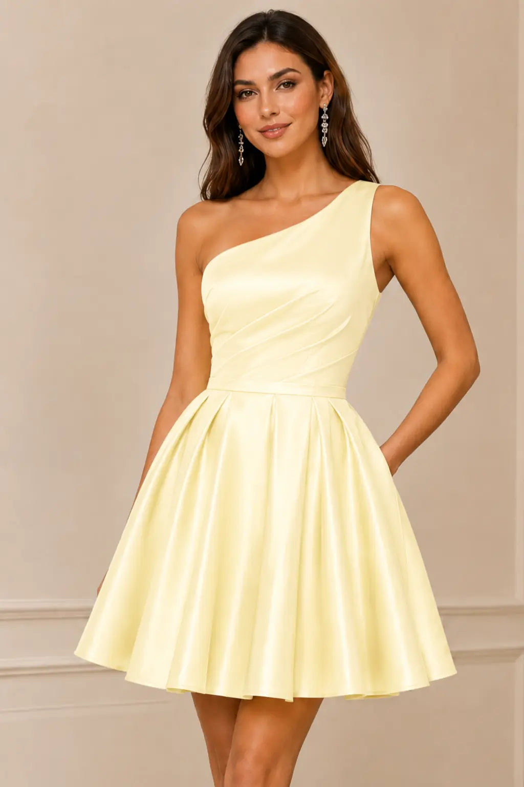 Green One Shoulder Satin Mini A Line Homecoming Dress With Pockets KAIDRESS