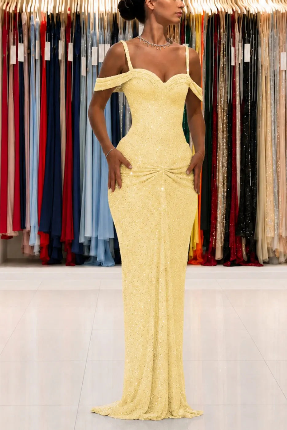 Luxury Sparkly Lace Off-Shoulder Long Beaded Prom Gown with Slender Straps KAIDRESS