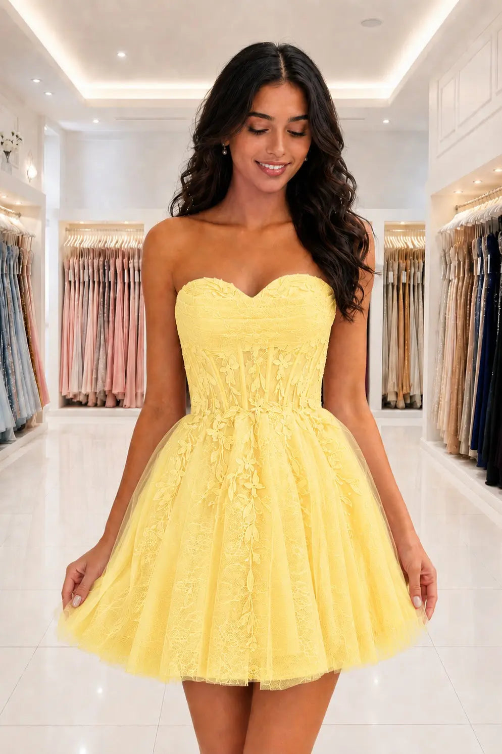Strapless Beaded Lace Corset A-Line Mini Homecoming Dress KAIDRESS