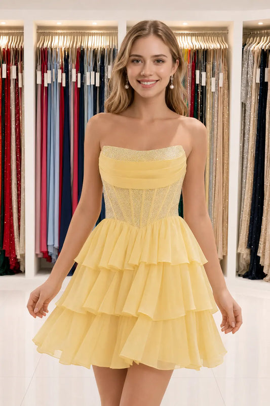Daffodil Strapless Corset Ruffle Mini Homecoming Dress With Beading