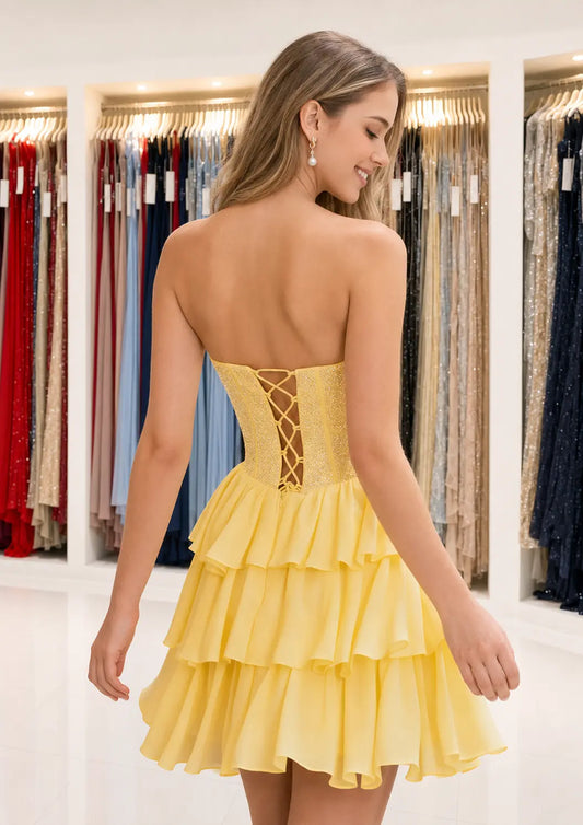 Daffodil Strapless Corset Ruffle Mini Homecoming Dress With Beading