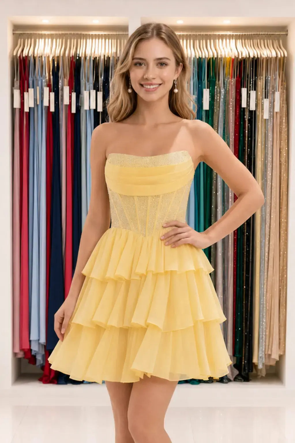 Daffodil Strapless Corset Ruffle Mini Homecoming Dress With Beading