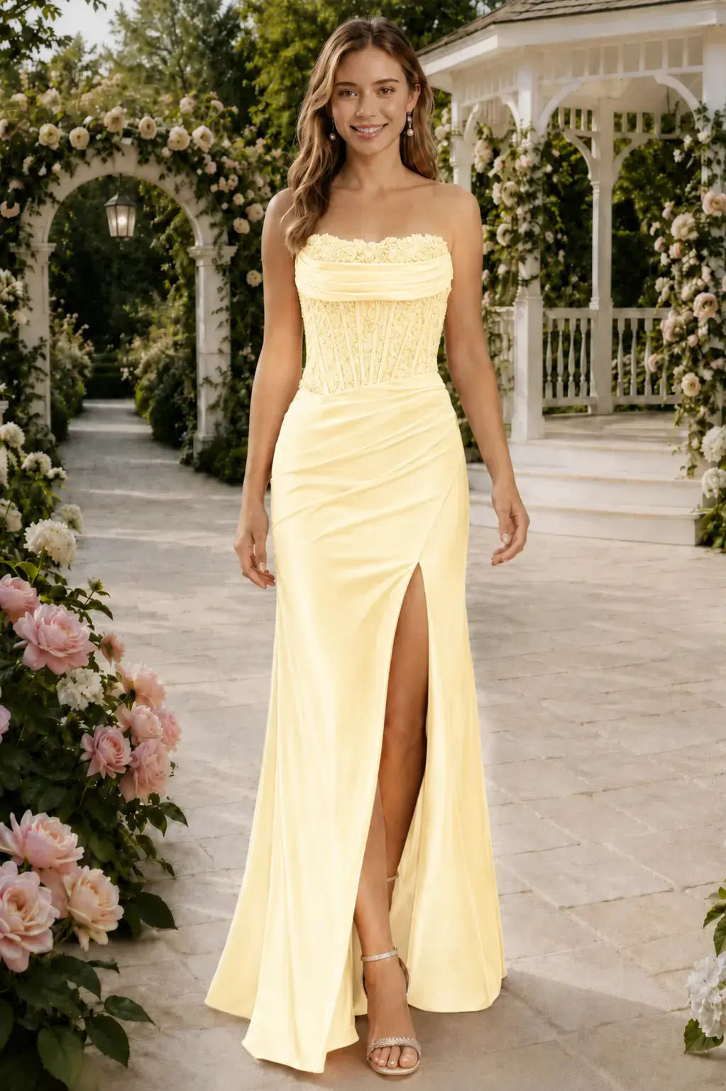 Sheath/Column Beaded Strapless Applique Formal Dress with Slit KAIDRESS