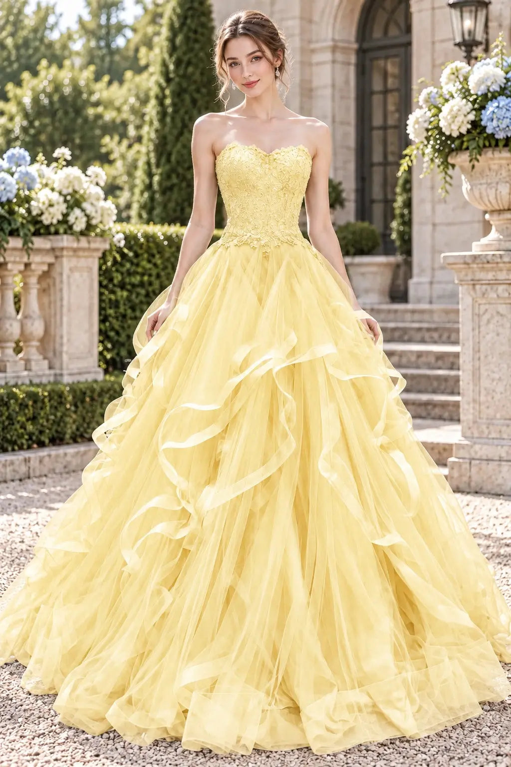 Blue Tulle Lace Long Prom Dresses Princess Layered Formal Evening Gowns