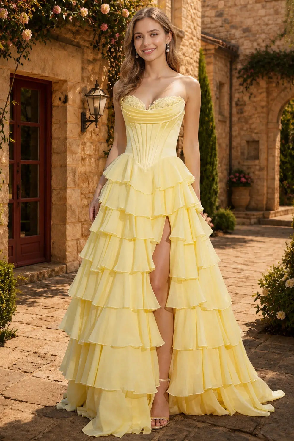 Daffodil Sweetheart Chiffon Corset Ruffle A-Line Prom Dress With Slit
