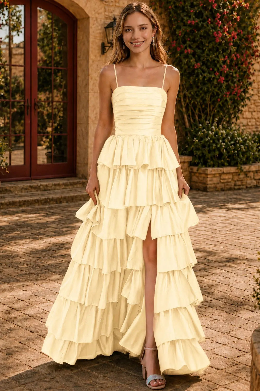 A-line Square Neckline Spaghetti Straps Floor-Length Taffeta Prom Dress with Ruffles Slit KAIDRESS