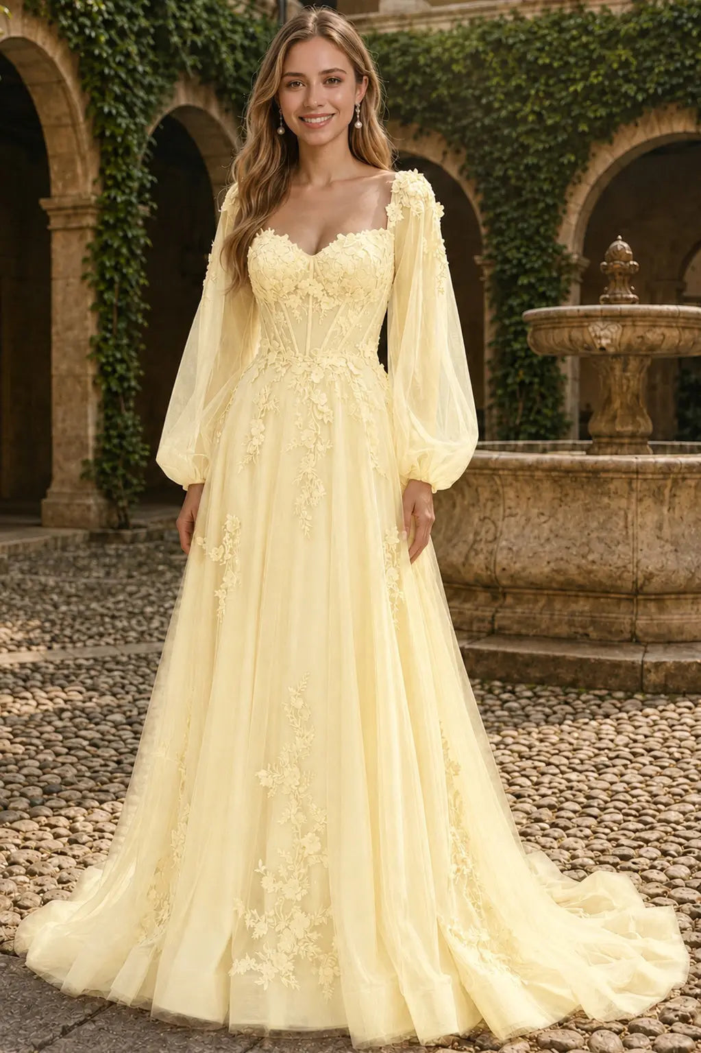 A-line 3D Floral Lace Applique Tulle Long Sleeves Prom Dress